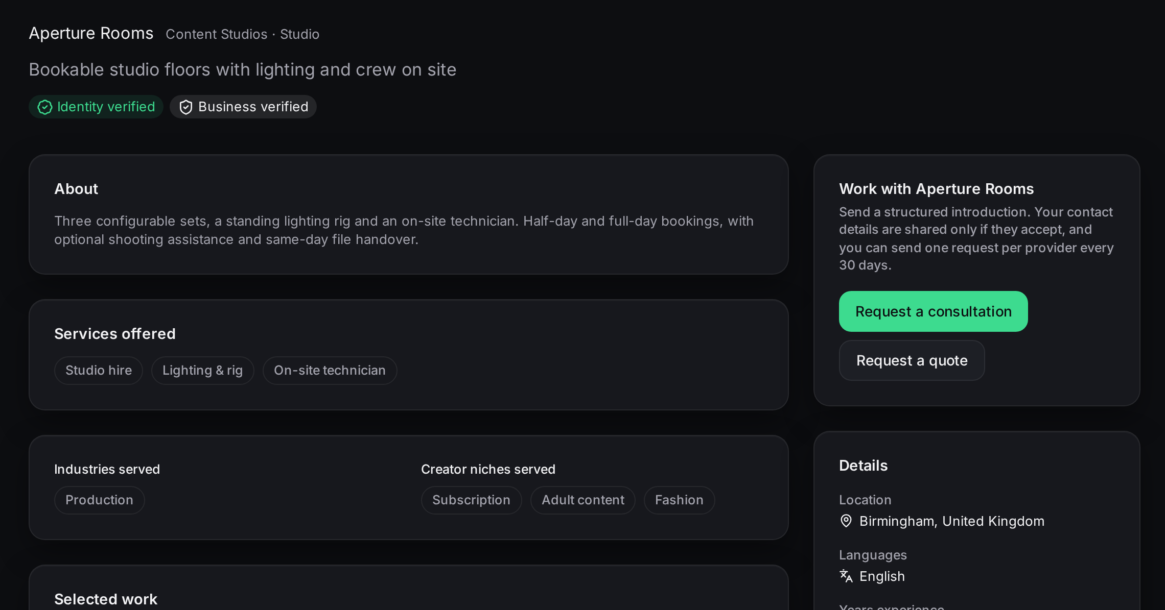 A Verified Provider's profile in the CreatorGrid marketplace